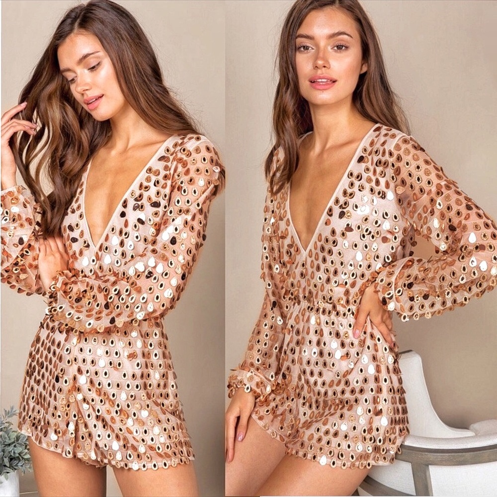 Gold Sequin Jumpsuit with Sleeves - Picture 9 of 10